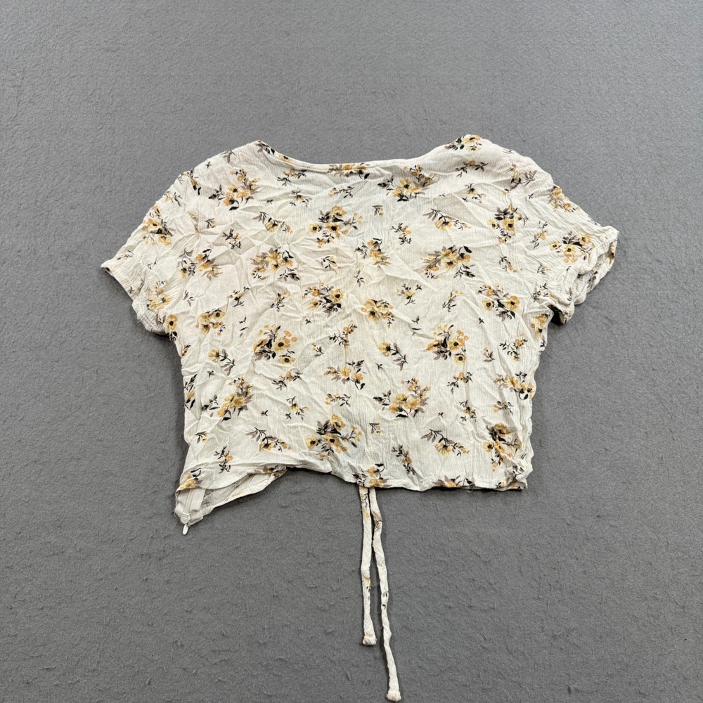 Ardene Crop Top Women's Medium White Yellow Floral Ruched V-Neck Short Sleeve - Picture 2 of 6